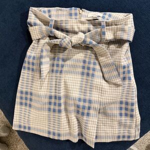 LOFT Blue and Beige Plaid Paperbag-Waist Skirt with Tie